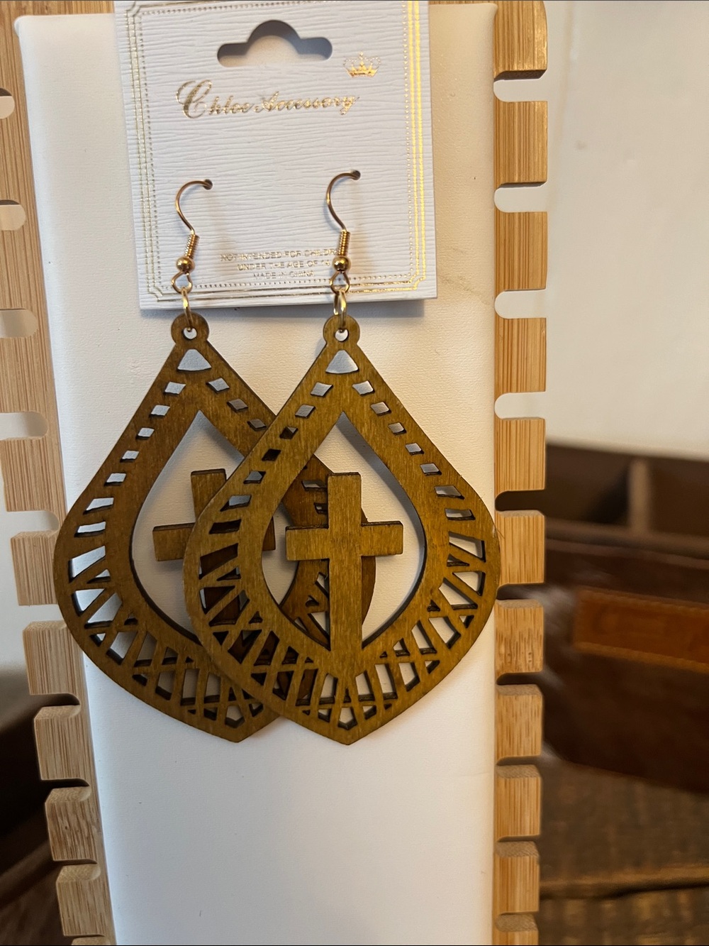 Wooden Teardrop Cross Dangle Earrings - Olive Brown